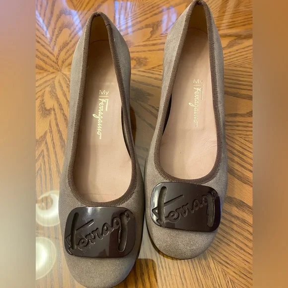 Salvatore Ferragamo Gray Suede Heels with Brown Accents - Picture 2 of 5